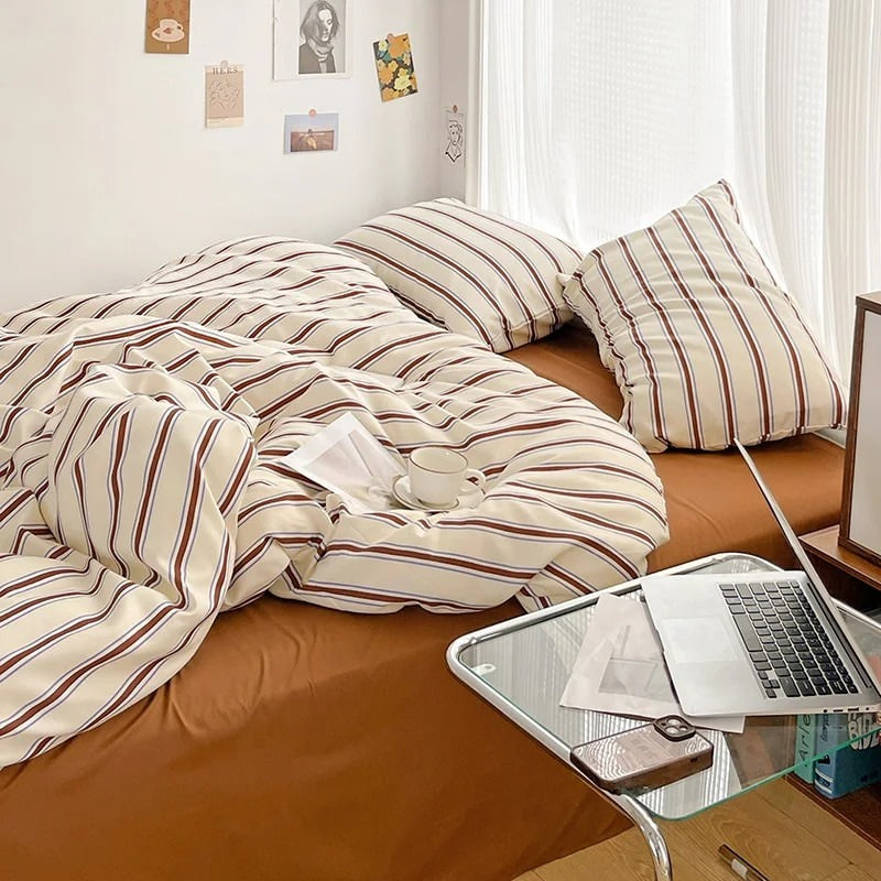 brown striped print bedding duvet cover et aesthetic room decor roomtery