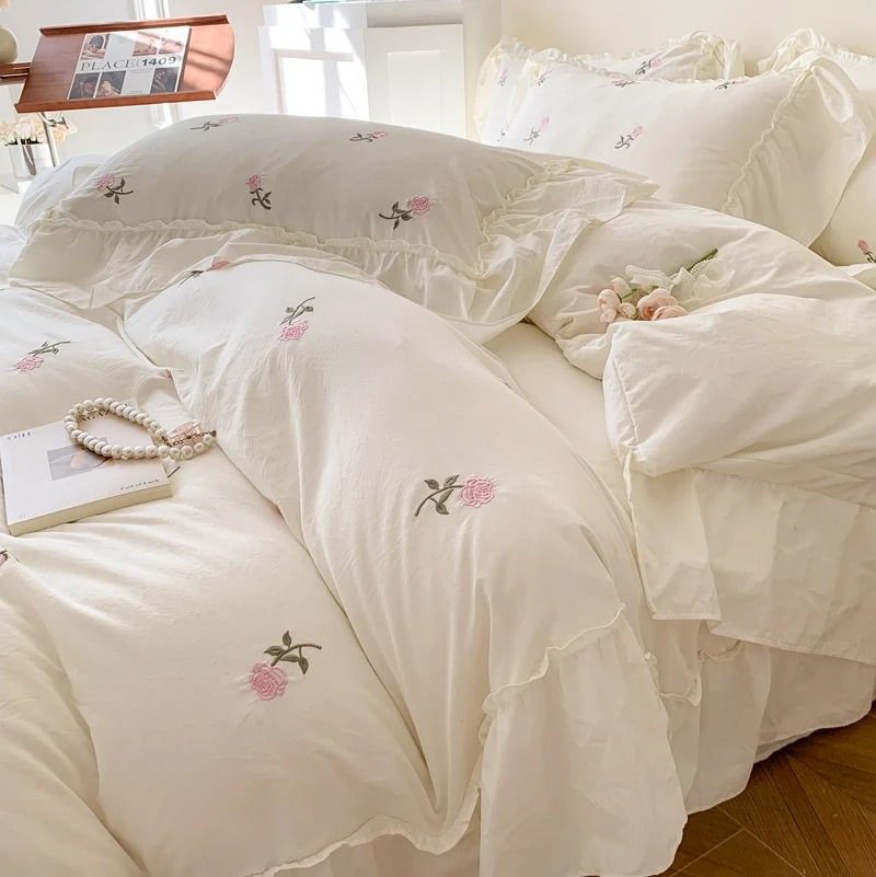 coquette aesthetic embroidered roses ruffle bedding duvet cover and sham set roomtery