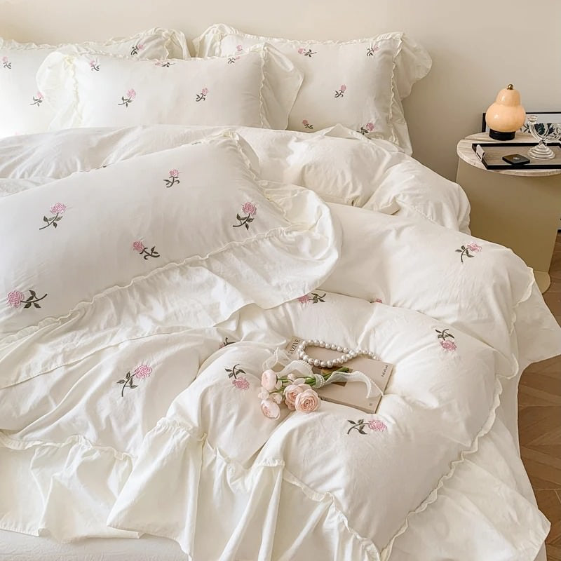 coquette aesthetic embroidered roses ruffle bedding duvet cover and sham set roomtery