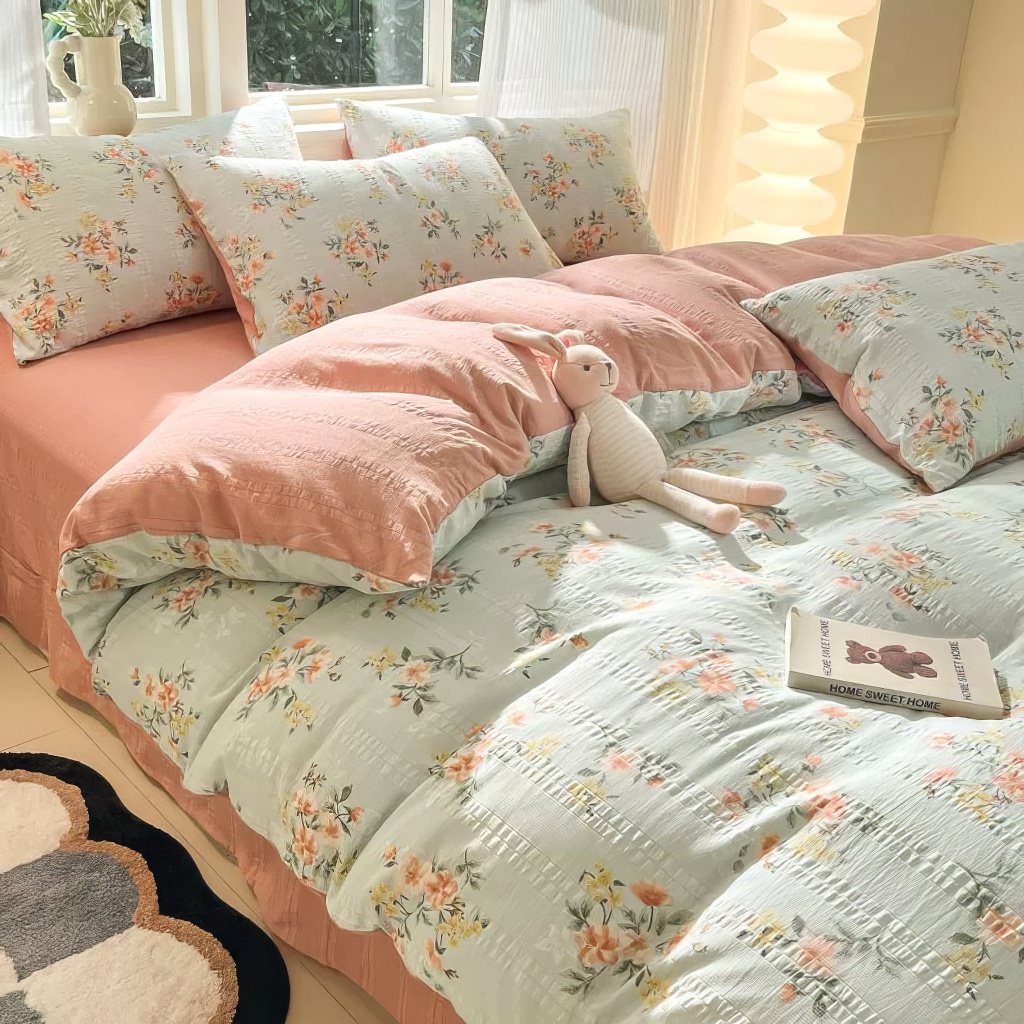 cottagecore aesthetic sage blue color vintage floral print bedding duvet cover set