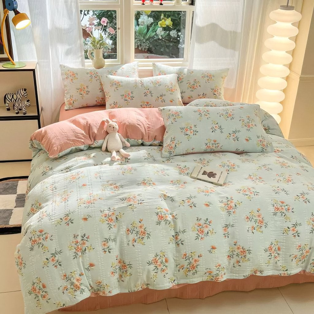 cottagecore aesthetic sage blue color vintage floral print bedding duvet cover set