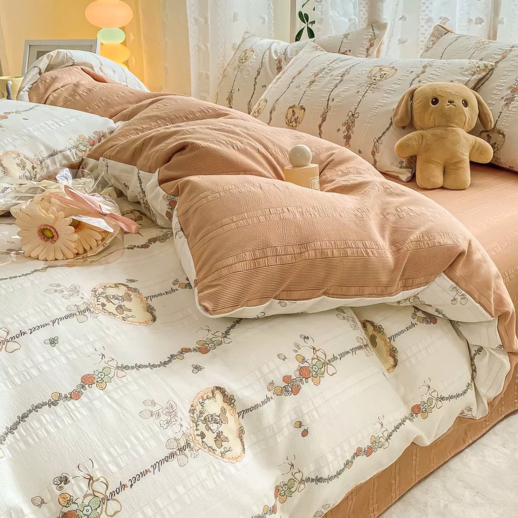 cottagecore aesthetic bedding duvet cover set in light brown shades with floral print