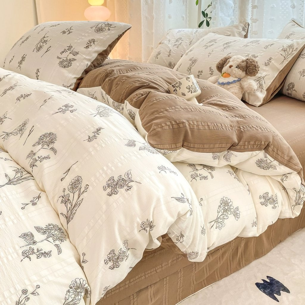 light brown floral print on a creamy and brown textured duvet cover bedding set