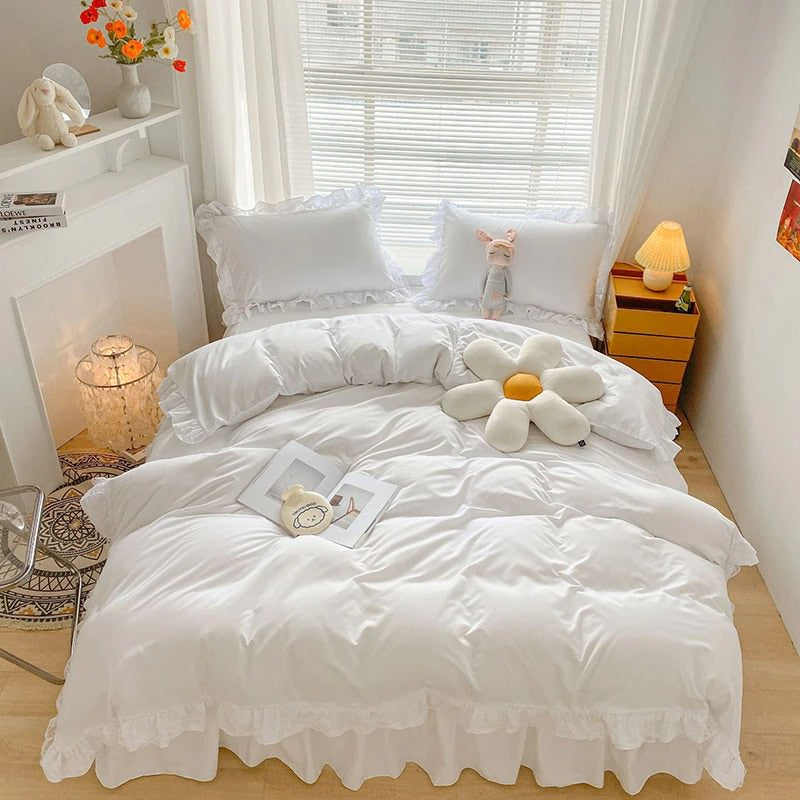 shining lace trip and ruffles soft girl aesthetic bedding set bed linens roomtery