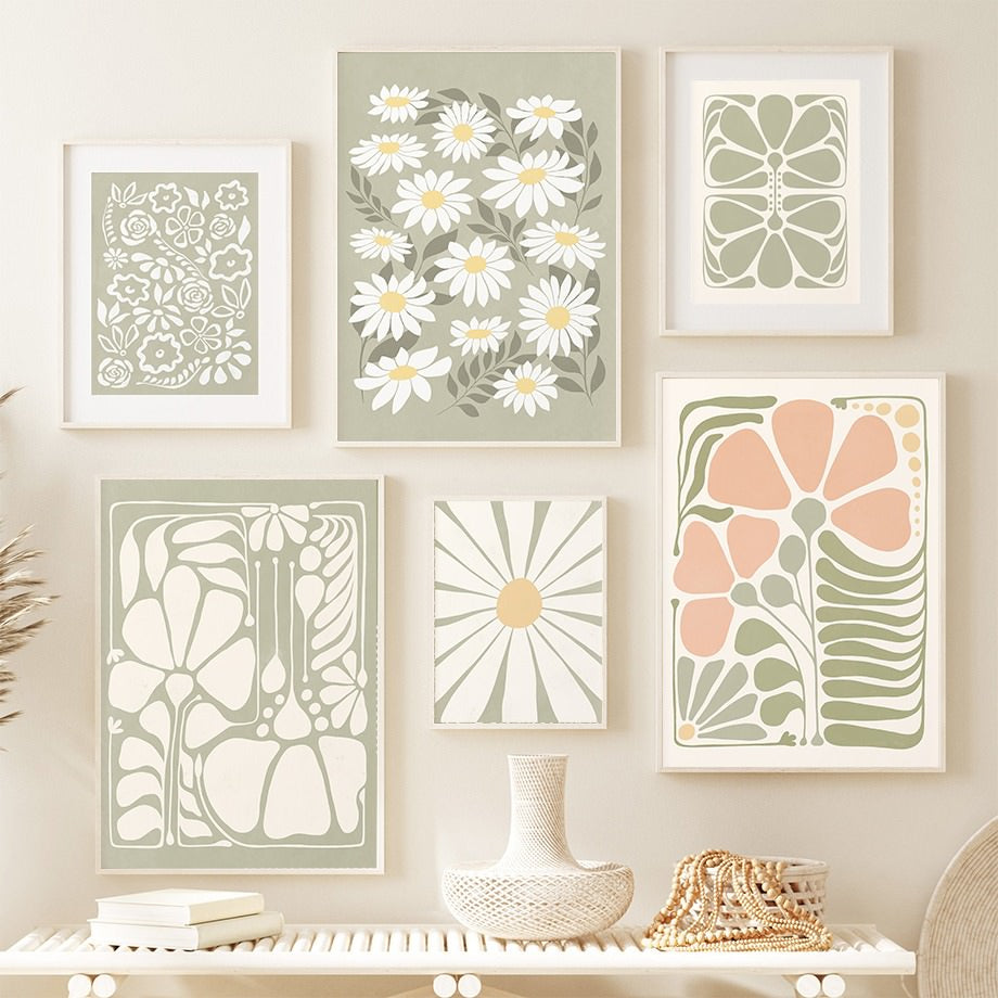 sage green pastel aesthetic room floral print canvas wall art posters roomtery