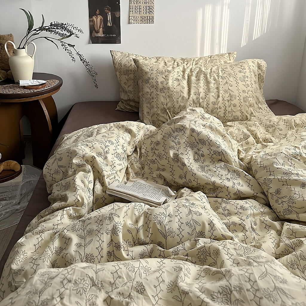 vintage floral dream thin black outline print on beige sheets bedding set