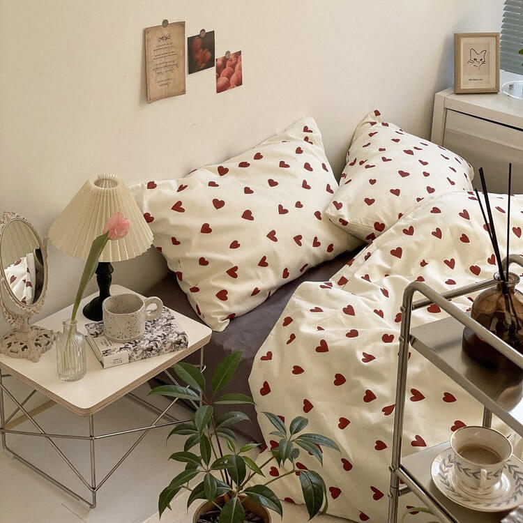 cottagecore aesthetic vintage little red hearts print bedding set roomtery