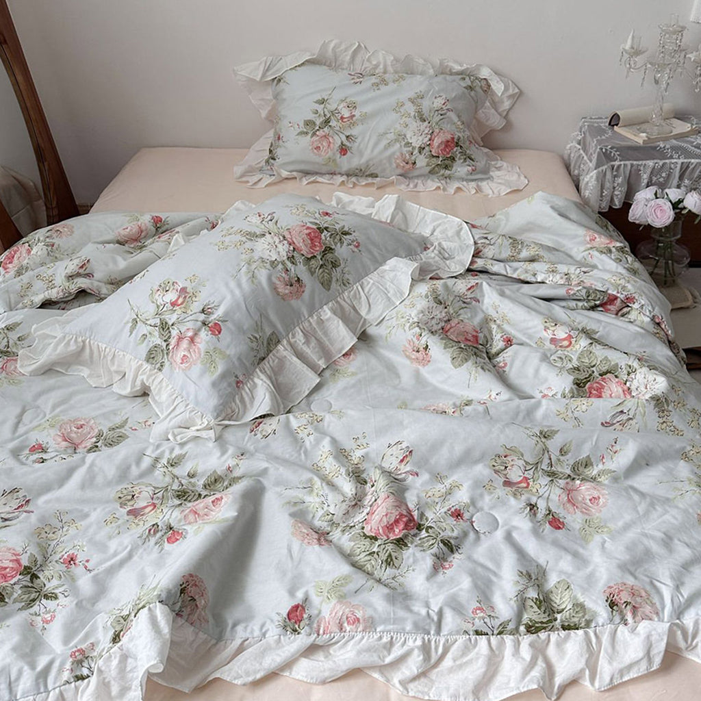 vintage sky blue cottage roses ruffle bedding set